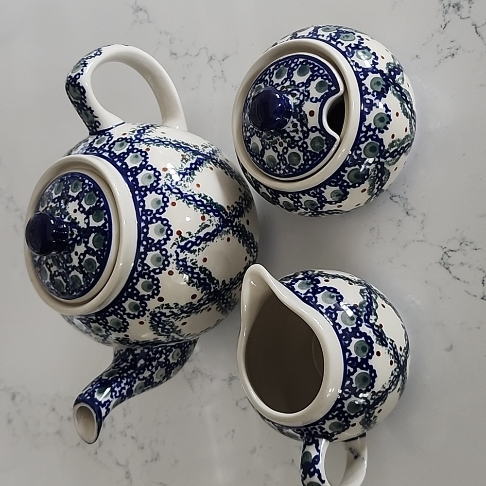 Polish Pottery Tea Set - Teapot, Cream & Sugar